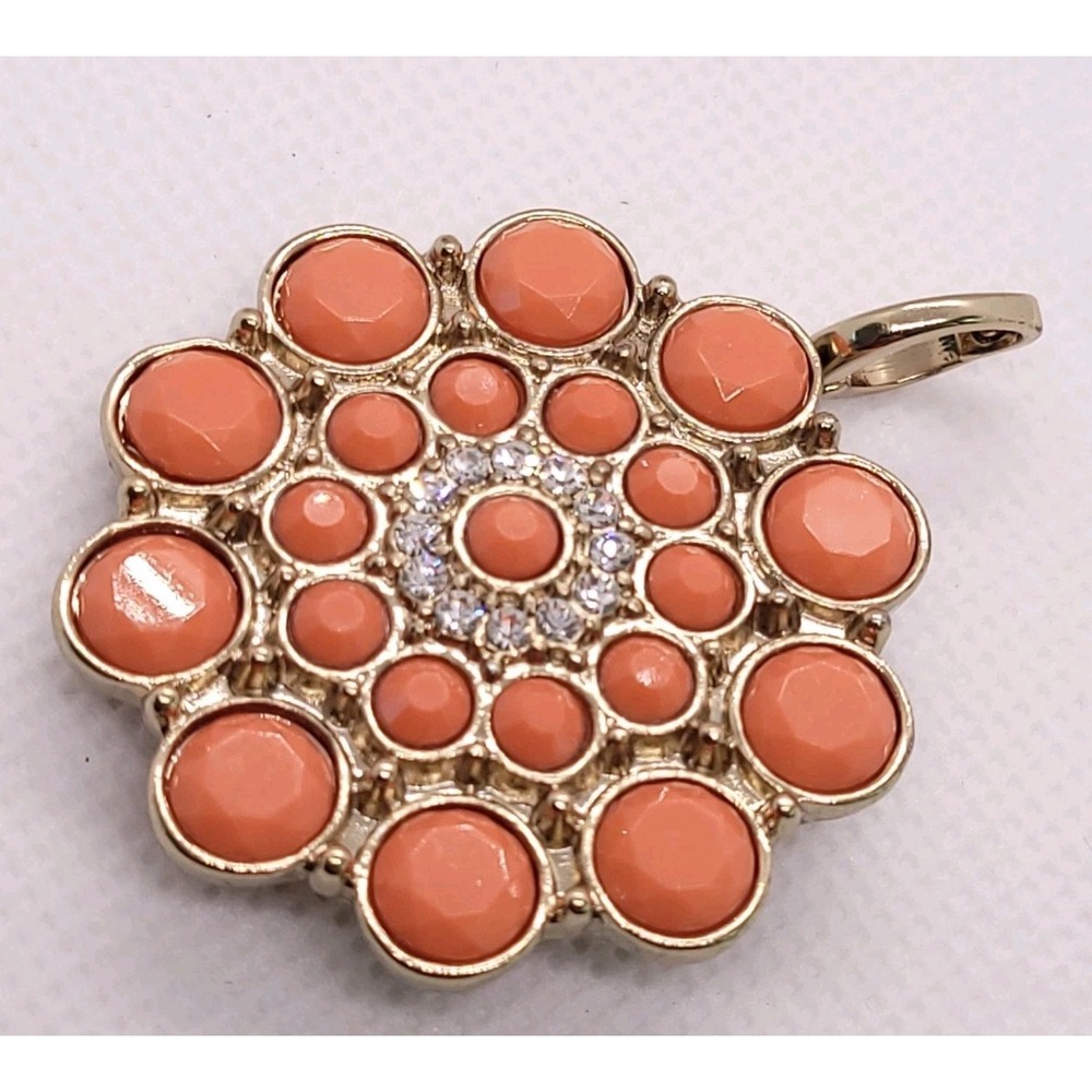 Modern Coral Orange Cabochon Rhinestone Brooch Pendant Gold Tone 40mm
